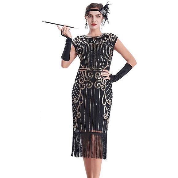 ✨ Flapper Great Gatsby Roaring 1920s Retro Tassel Fringe Sequin Dress SIZE L NEW - Picture 1 of 17